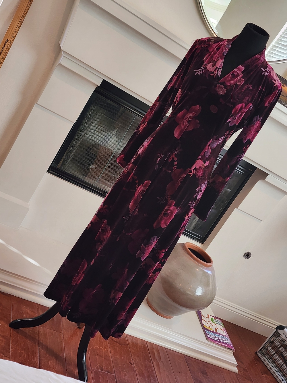 Coldwater Creek Burgundy and Magenta Floral Velvet Midi Dress